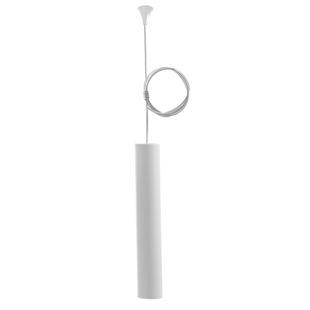 Suspension cylindrique blanche de face, câble fin formant une boucle
