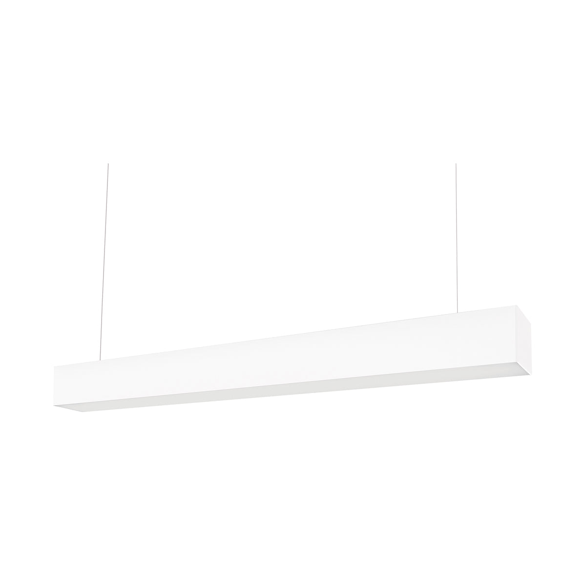Suspension linéaire blanche vue de face, avec deux fines suspensions et diffuseur inférieur.