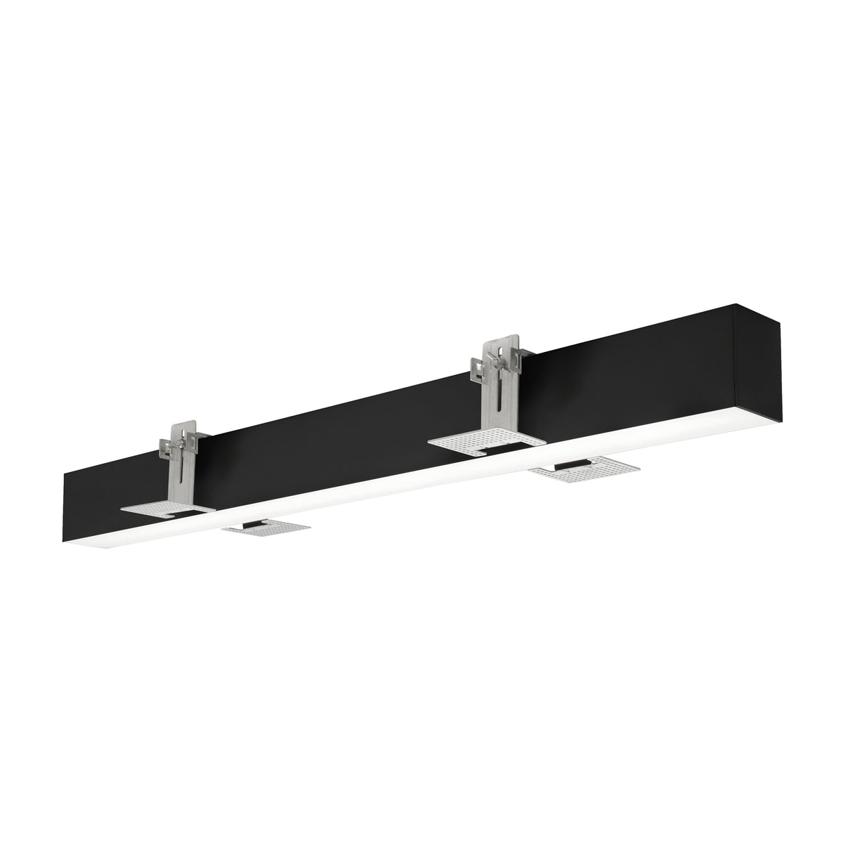 Modèle noir du luminaire linéaire avec fixations apparentes et diffuseur blanc continu.