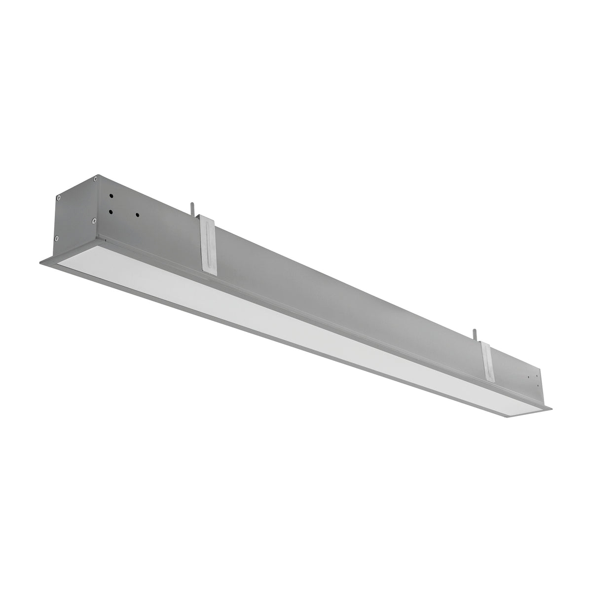 Luminaire linéaire gris présenté de biais, montrant le boîtier et le diffuseur.