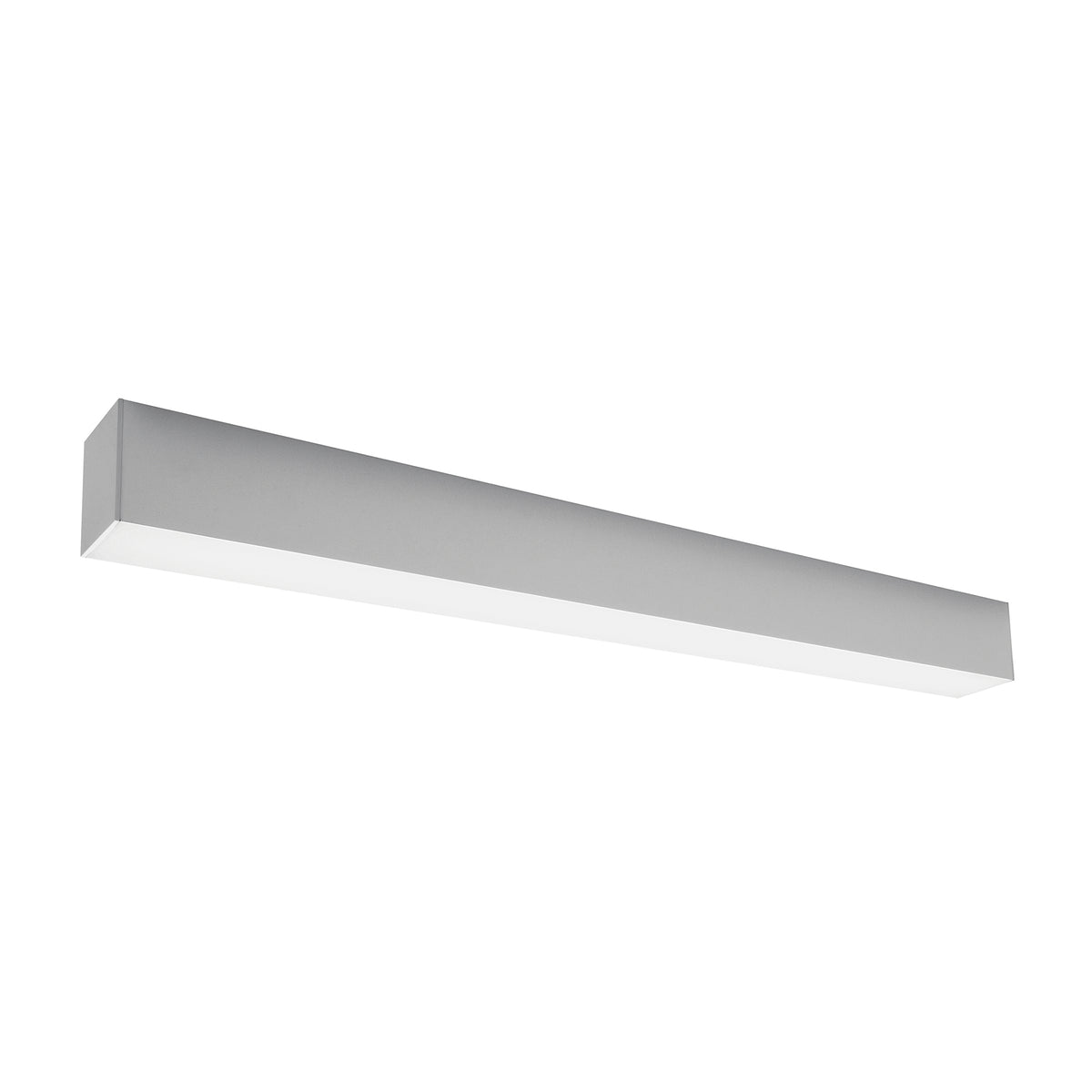 Plafonnier linéaire gris, perspective montrant le diffuseur inférieur blanc.