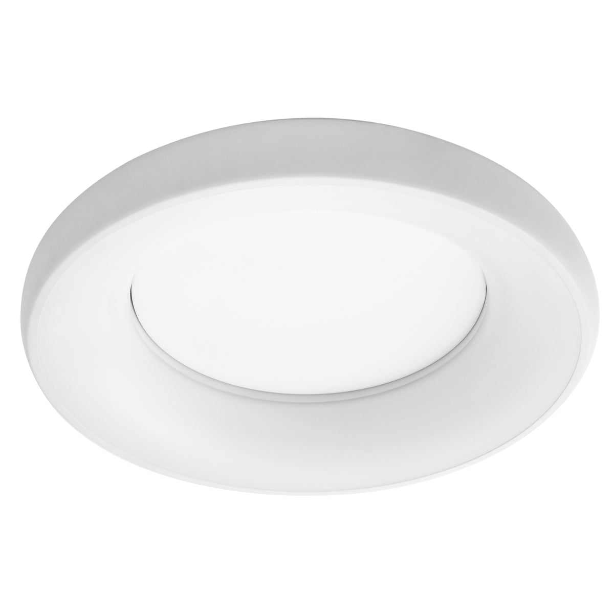 Plafonnier LED rond blanc vu de face sur fond neutre.
