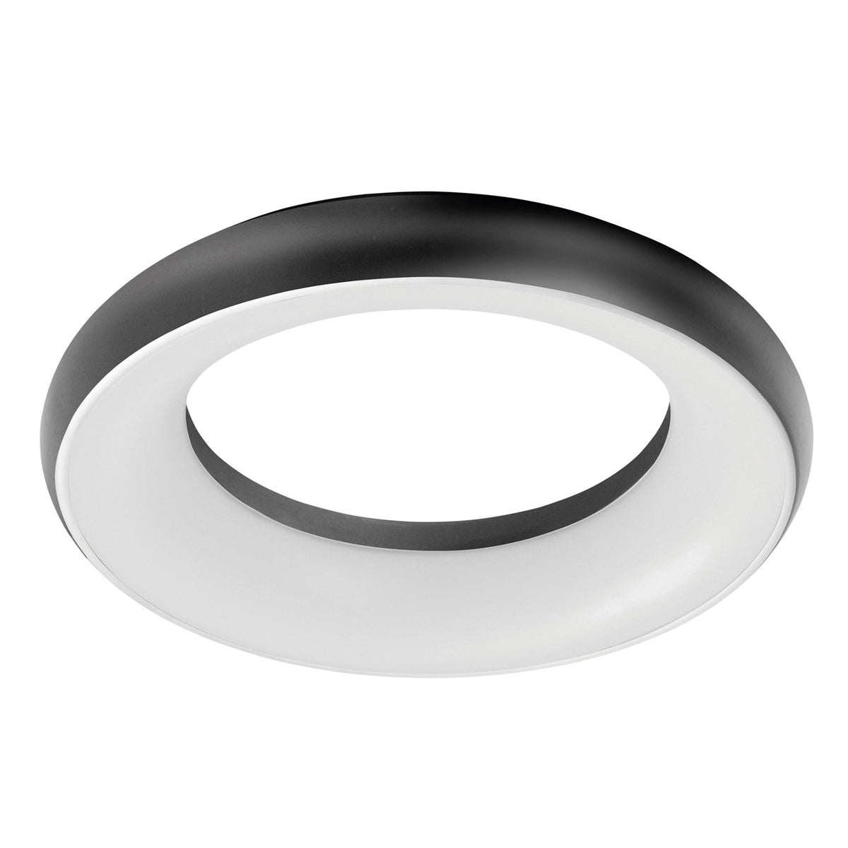 Anneau extérieur noir et diffuseur blanc, luminaire circulaire vu de face.