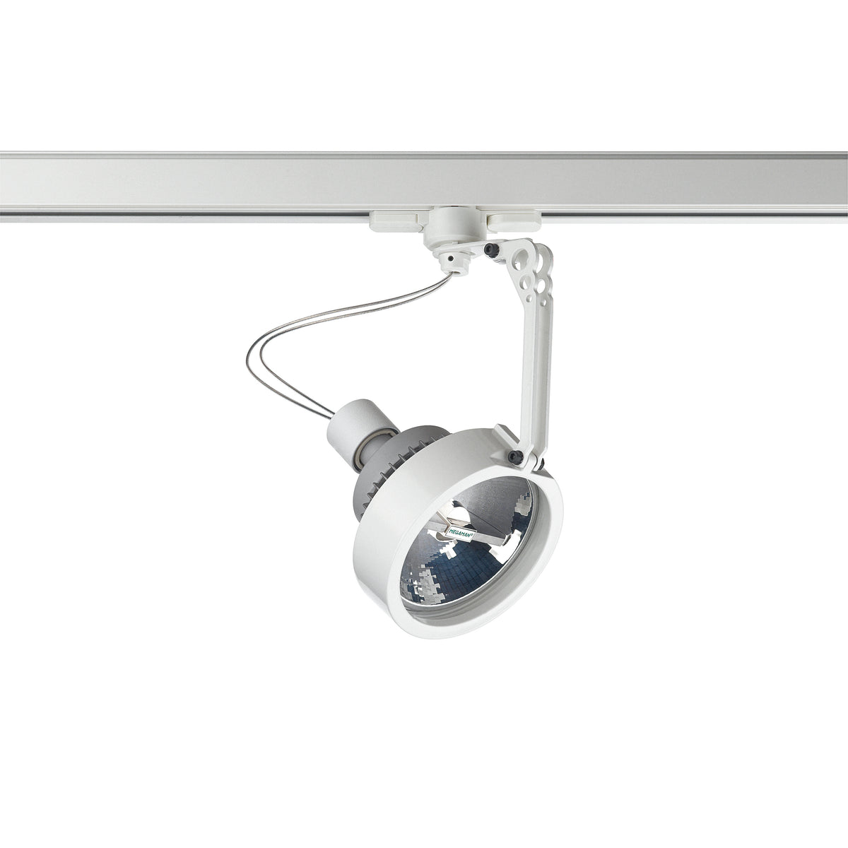 Spot blanc sur rail, tête cylindrique orientable et bras articulé, sur fond blanc.