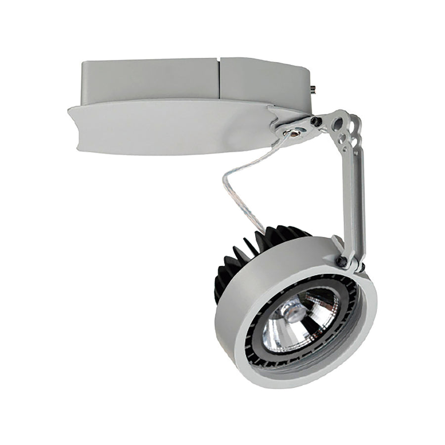 Spot blanc orientable sur tige articulée, tête ronde et dissipateur arrière visible.