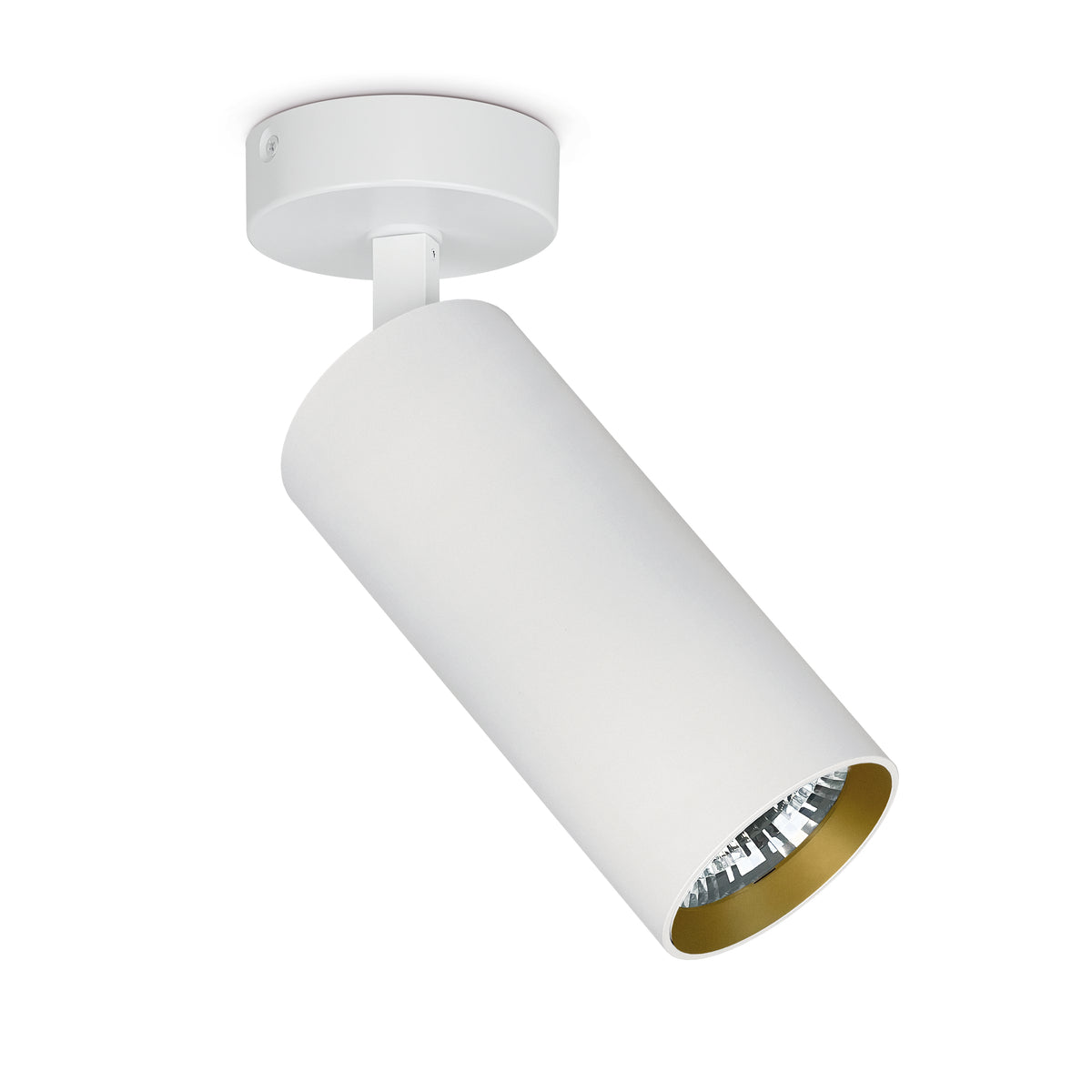 Détail du spot blanc orienté vers le bas, réflecteur intérieur doré et LED intégrée
