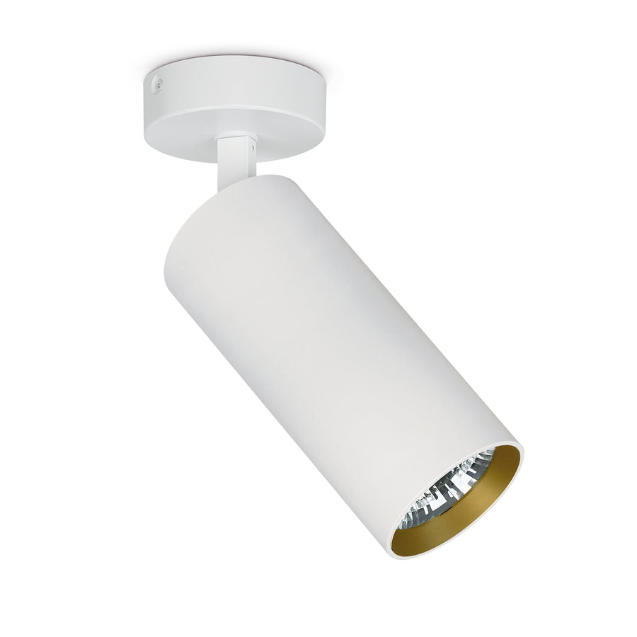 Détail du spot blanc orienté vers le bas, réflecteur intérieur doré et LED intégrée