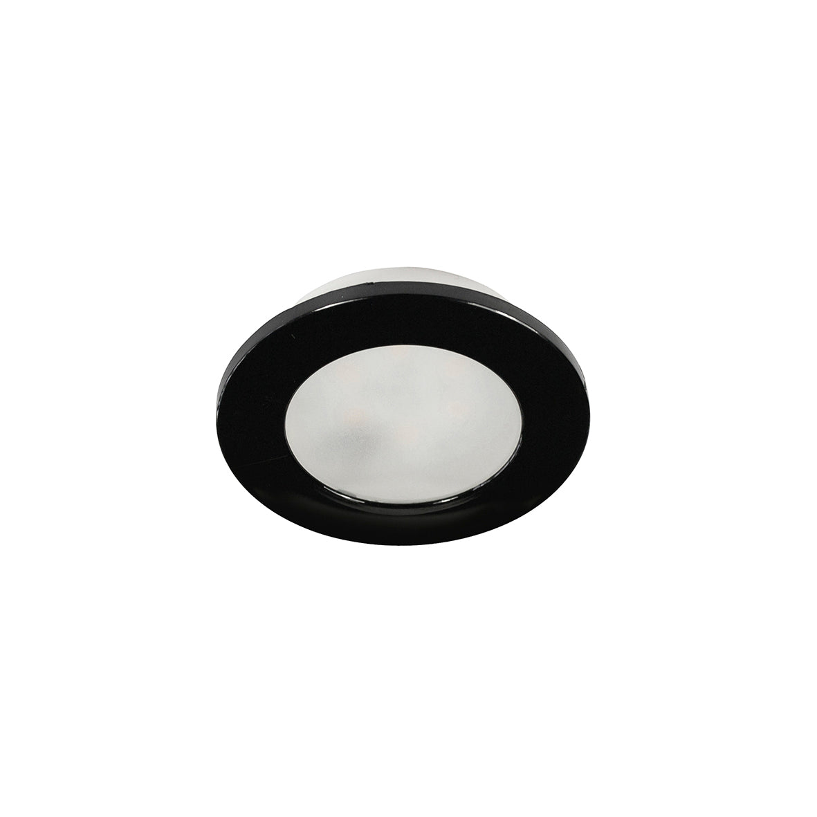 Spot encastrable noir vu de face, contraste entre collerette sombre et diffuseur.