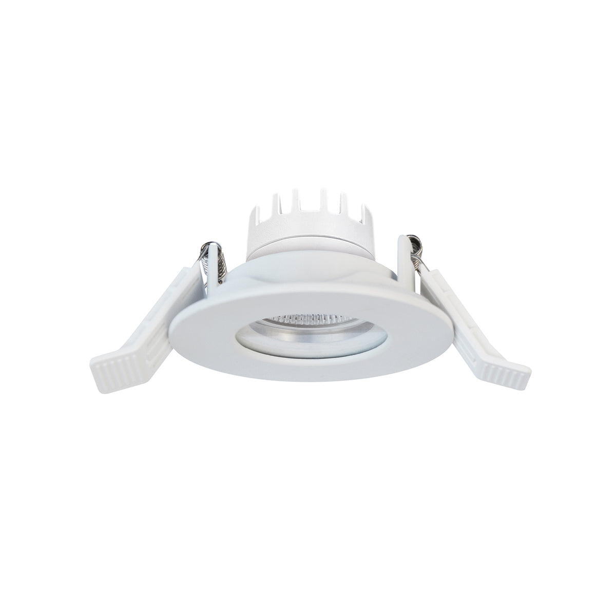 Spot encastrable blanc vu de trois quarts avec ressorts de fixation apparents