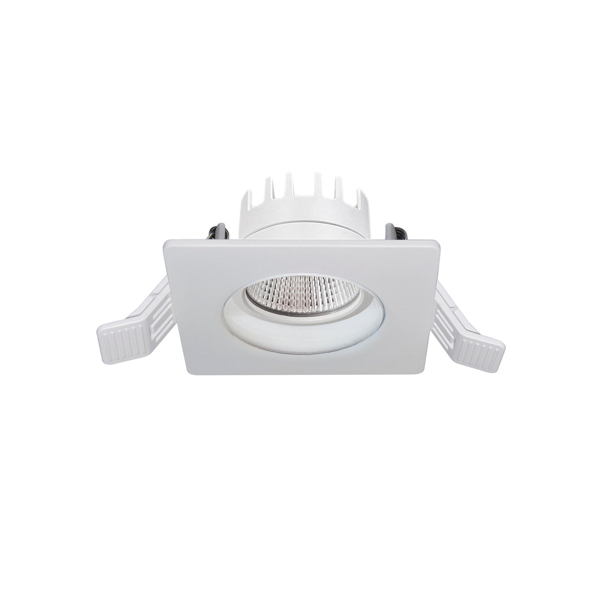 Spot encastrable carré blanc vu de face, lentille LED et ressorts de fixation visibles.