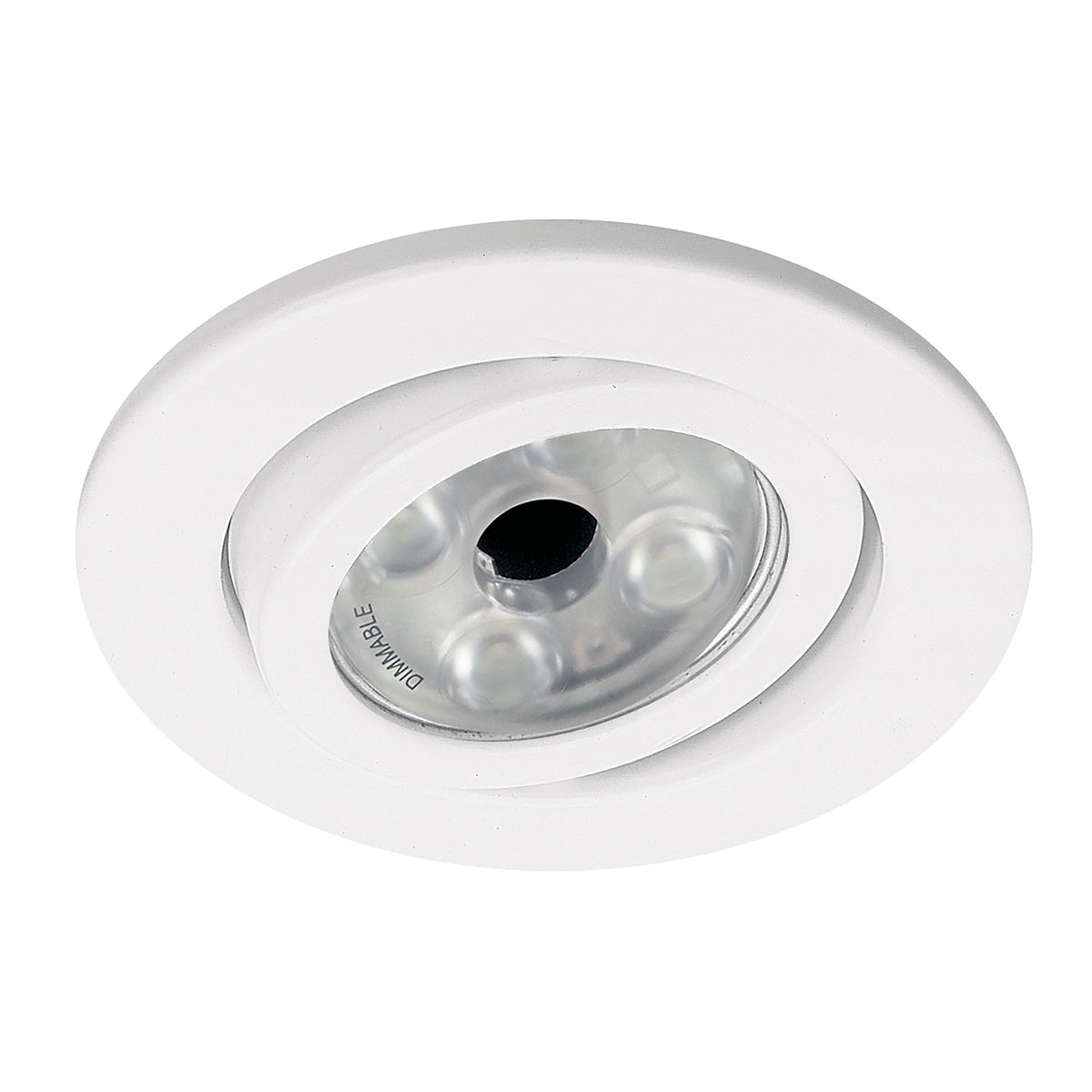 Vue de face du spot blanc rond avec réflecteur intérieur argenté et mention DIMMABLE.