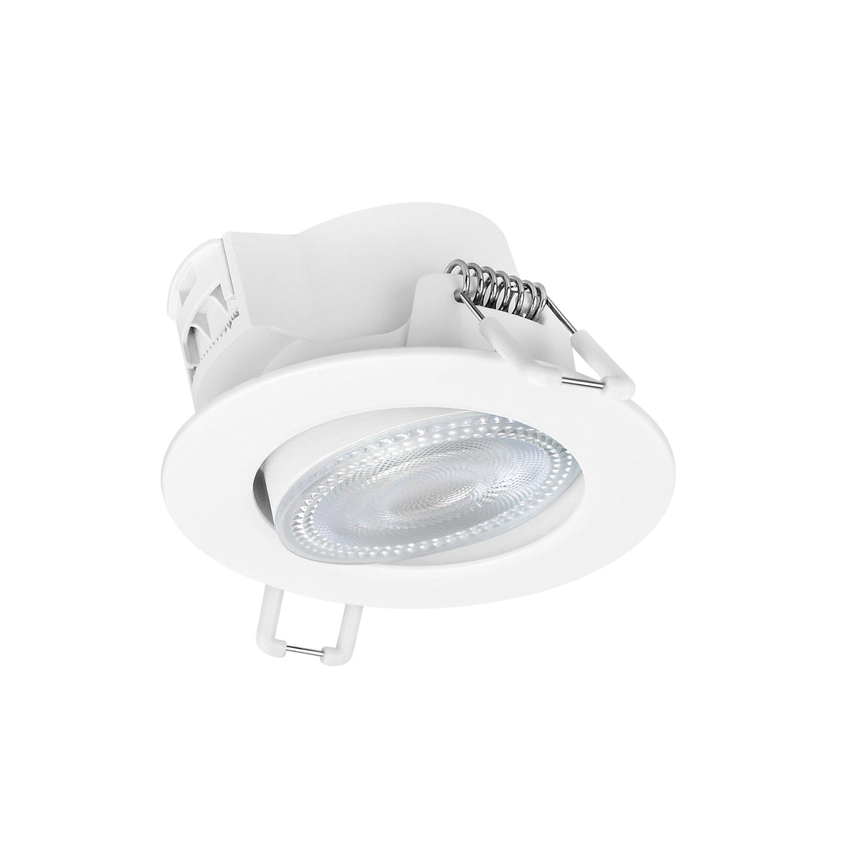 Spot encastrable blanc orientable vu de trois quarts, collerette ronde et ressorts de fixation.