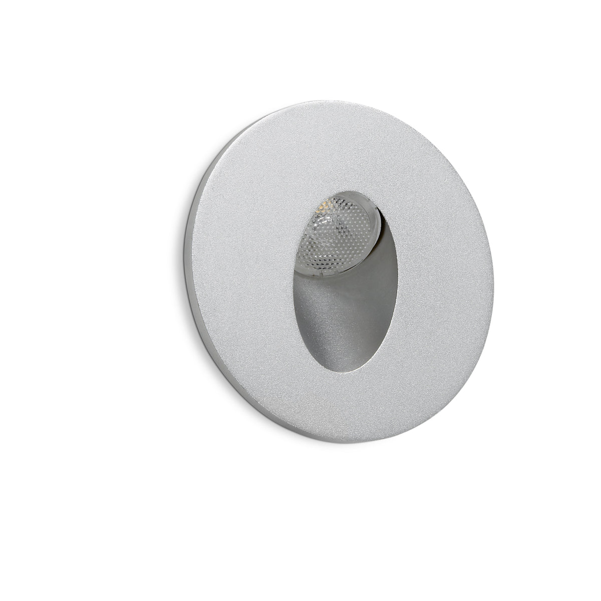 Spot encastrable rond gris, lentille LED orientable vue de face sur fond blanc.