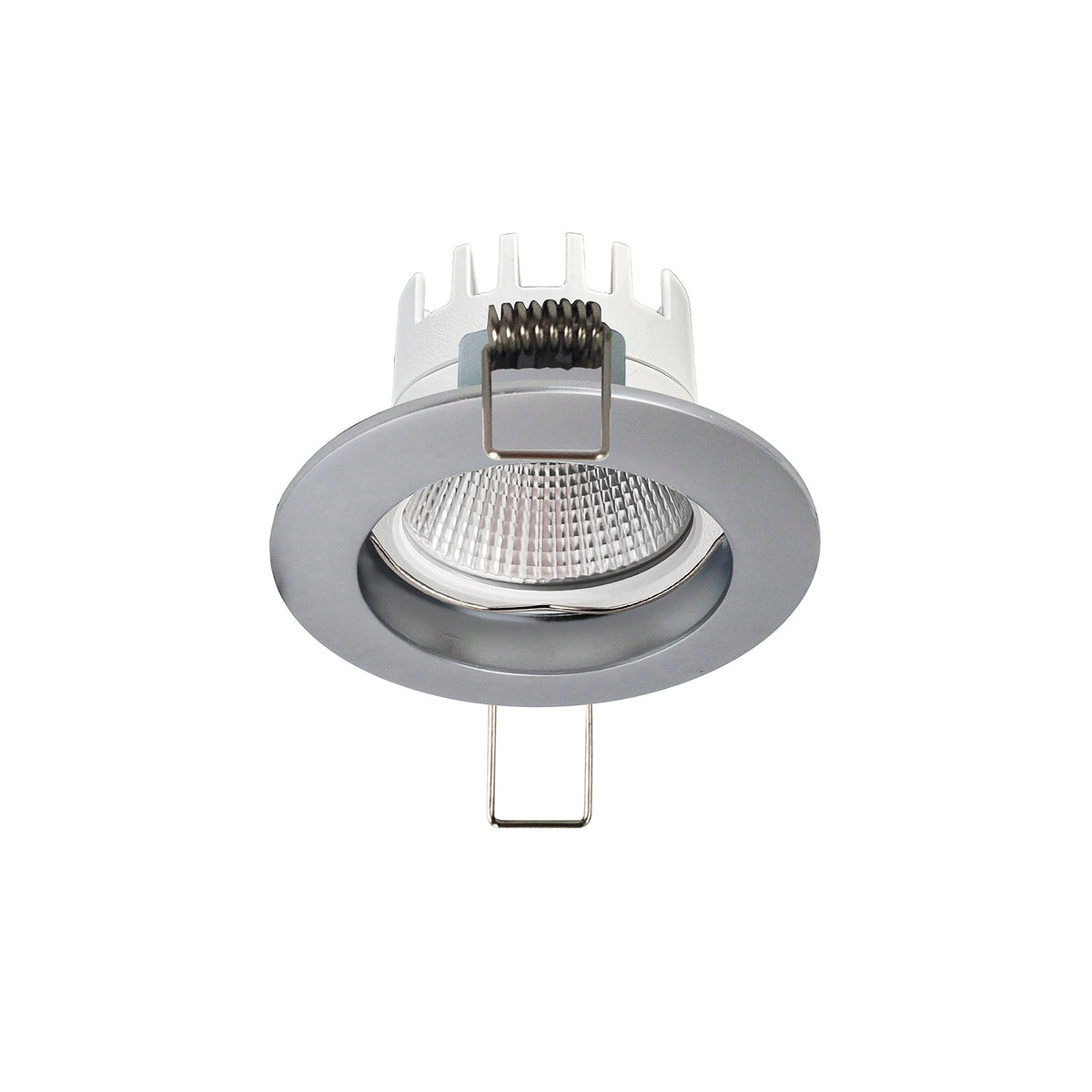 Spot LED encastrable rond avec collerette grise et réflecteur strié, vue de face