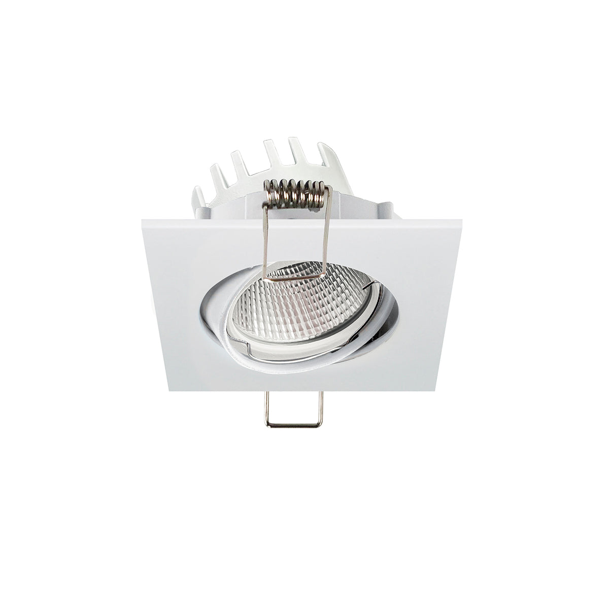 Spot encastrable carré blanc orientable, vu de face avec ressorts de fixation