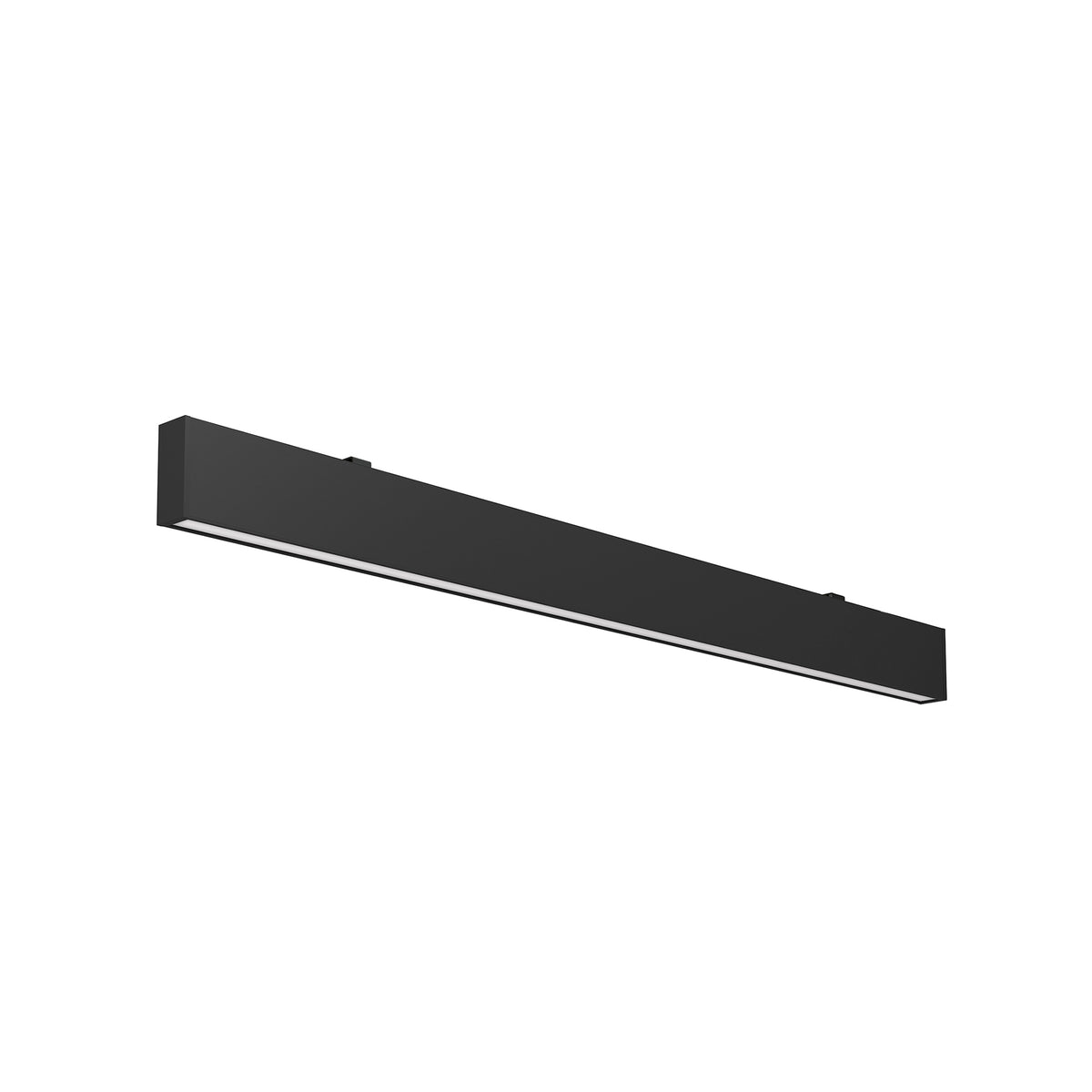 Plafonnier linéaire noir vu de trois quarts, boîtier fin et diffuseur lumineux.