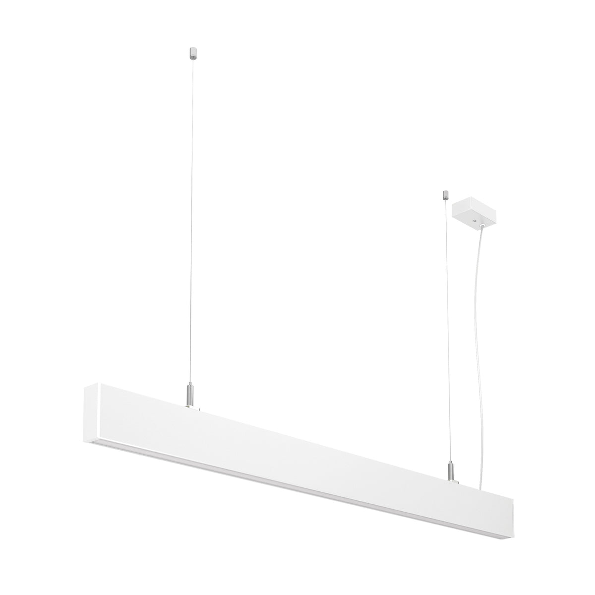 Suspension linéaire blanche vue de trois quarts sur fond blanc
