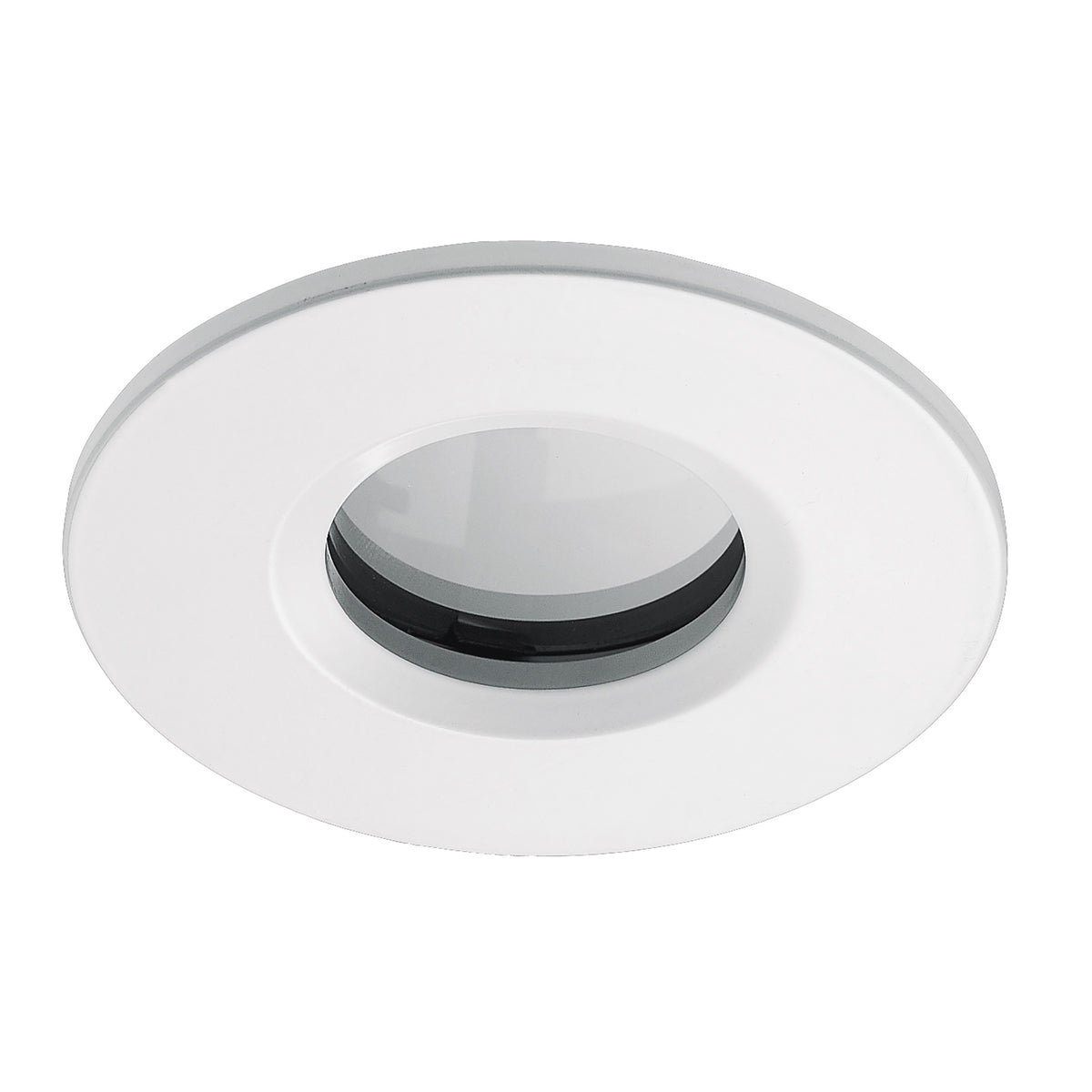 Spot encastrable blanc mat vu de face, anneau extérieur large et centre discret.