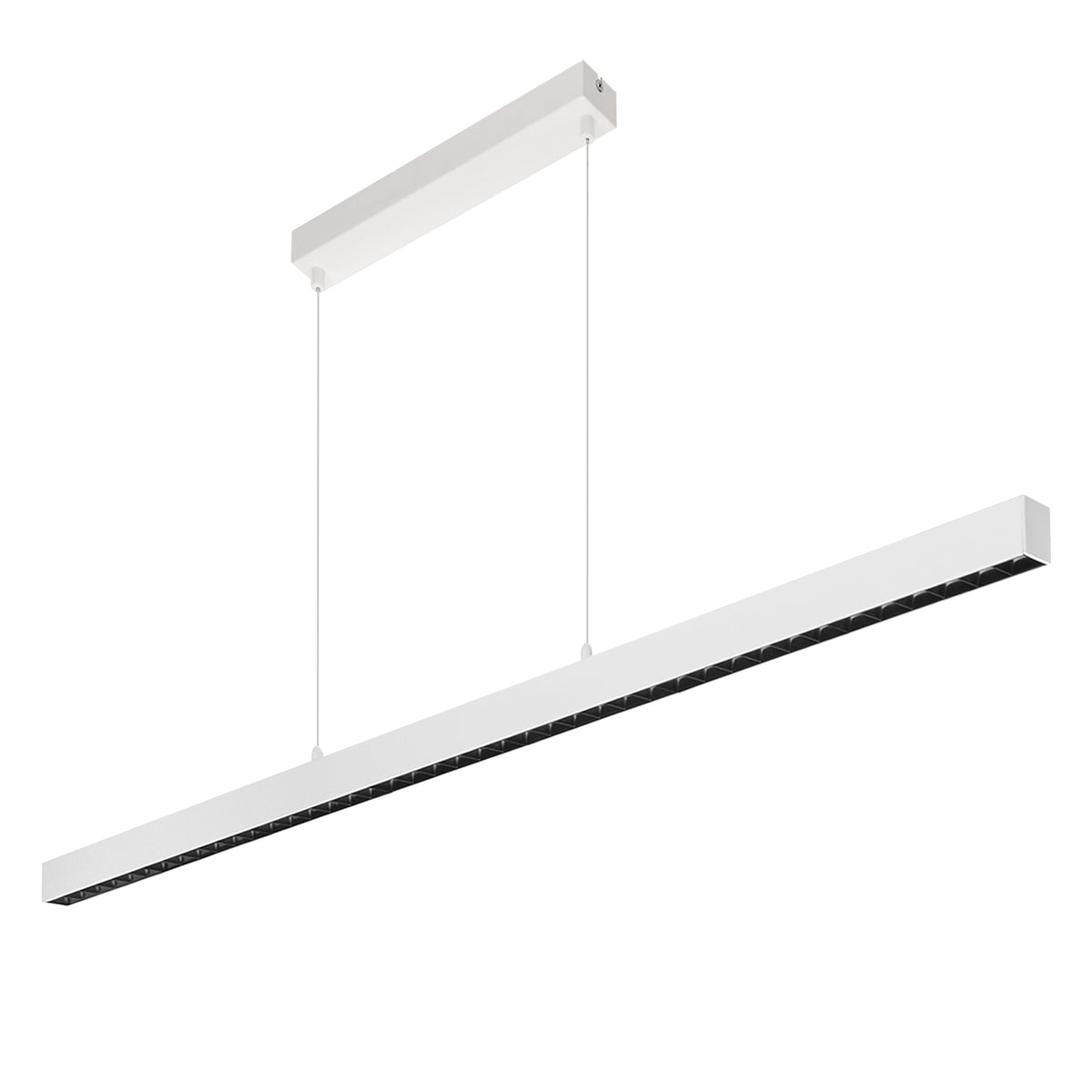 Version blanche équipée d'une grille optique noire sous le profil, câbles apparents.