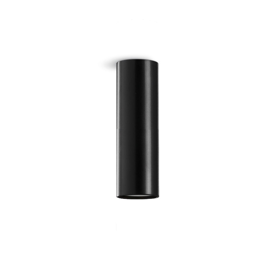 Spot cylindrique noir mat présenté de face sur fond neutre, ouverture orientée vers le bas