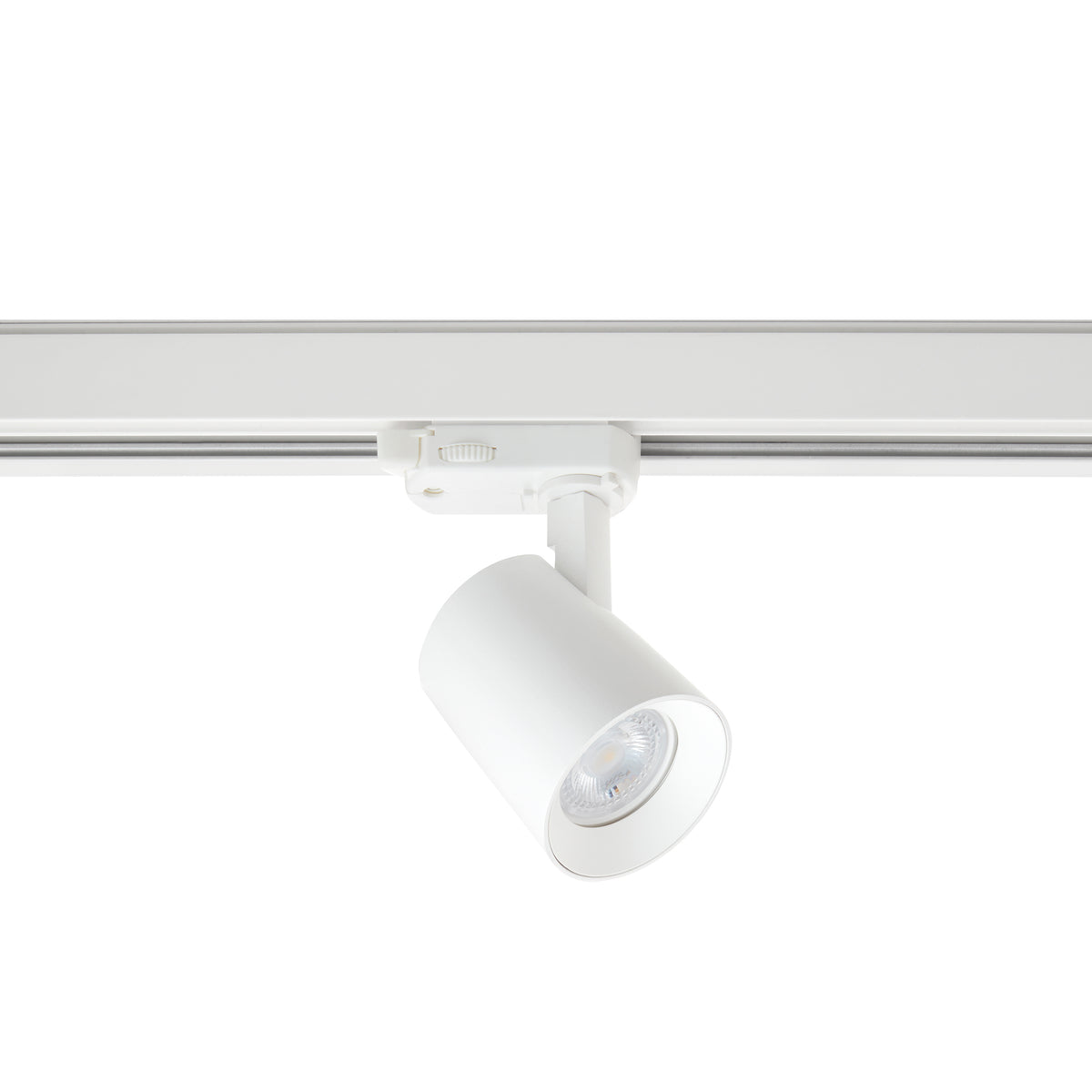 Spot blanc sur rail, tête cylindrique orientable avec ampoule GU10 visible de face.