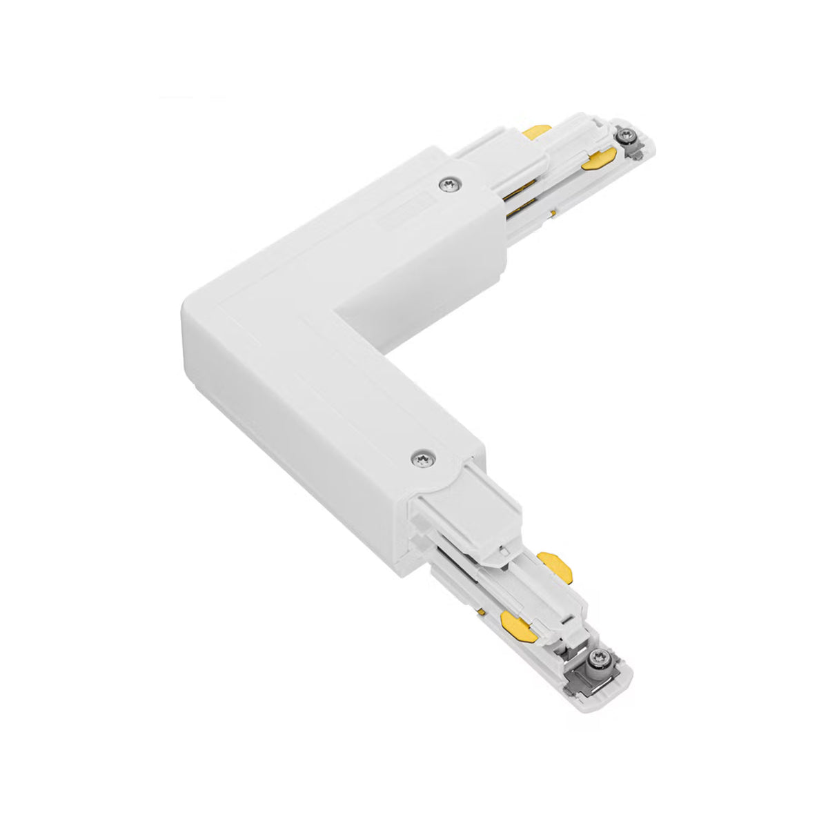 Coude blanc pour rail triphasé, vu de trois quart sur fond blanc