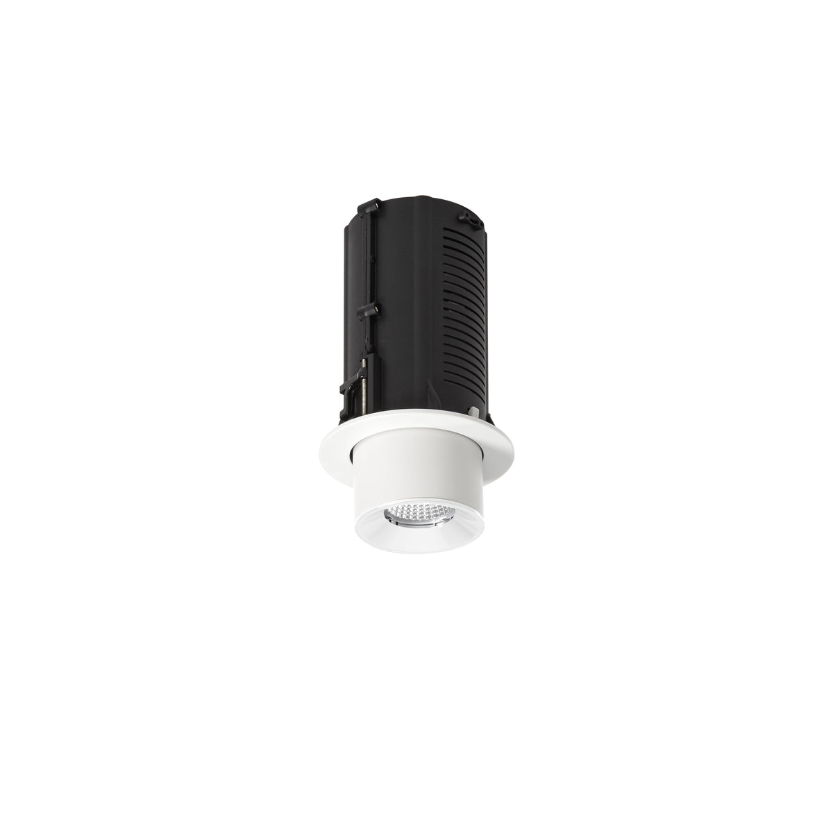 Spot encastrable cylindrique blanc vu de trois quarts, corps noir et lentille LED