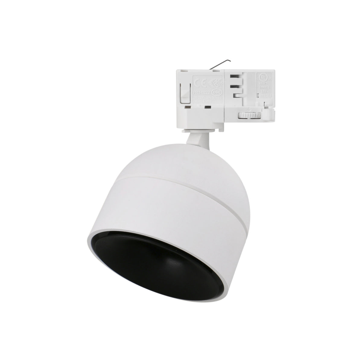 Spot blanc incliné, intérieur noir visible, adaptateur de rail blanc au-dessus.