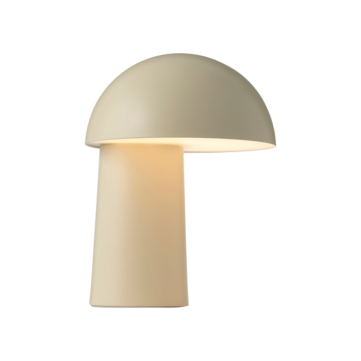 Vue de face du luminaire beige, abat-jour en dôme et pied cylindrique