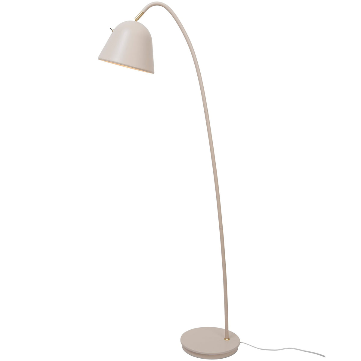 Vue de trois quarts du lampadaire beige, tige fine arquée et abat-jour conique.