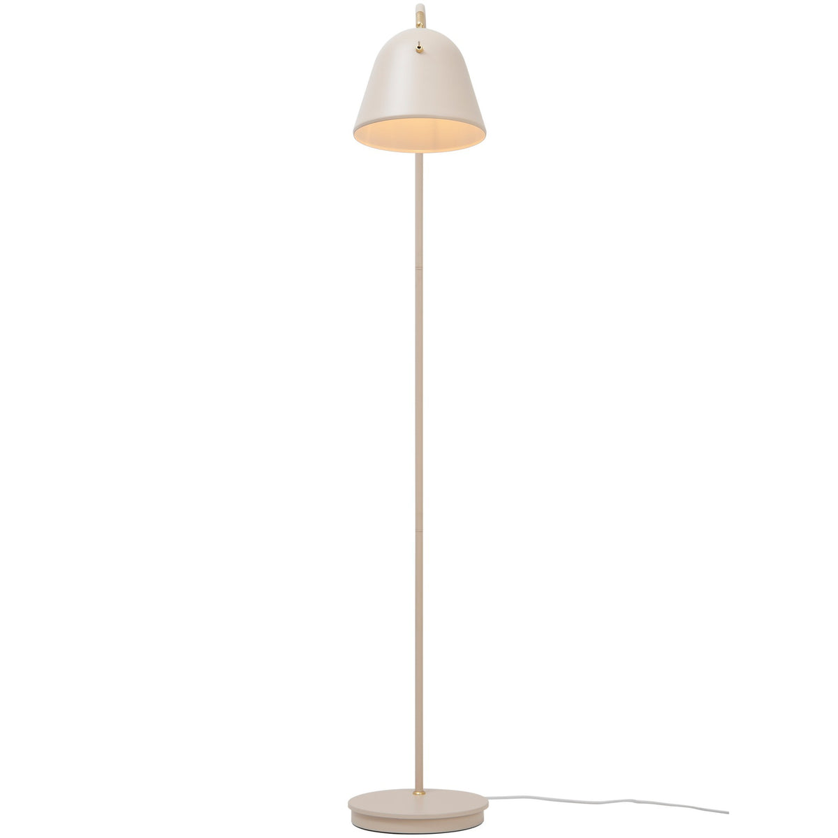 Lampadaire beige vu de face, abat-jour allumé et socle plat au sol.