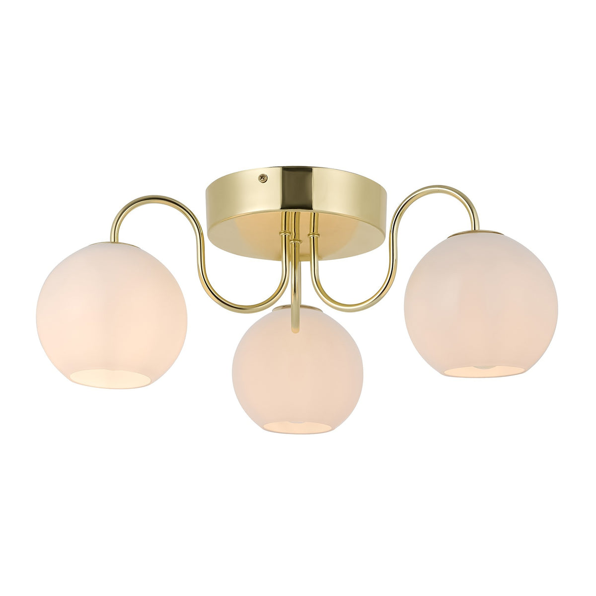 Plafonnier laiton doré avec trois globes en verre opalin, vue de face sur fond blanc.