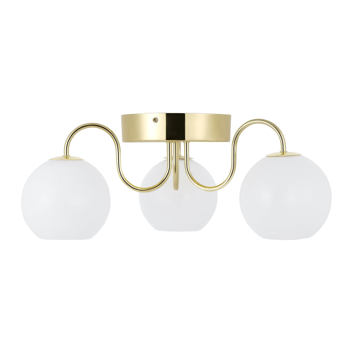 Trois globes en verre opalin blanc fixés sur une monture en laiton poli.