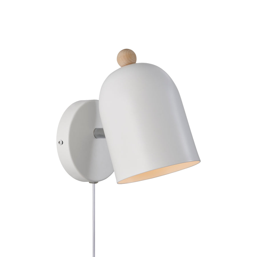 Vue de trois quarts du luminaire mural blanc avec socle rond et abat-jour cloche