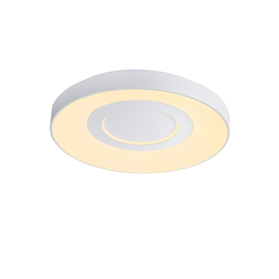 Plafonnier LED blanc rond allumé, face avant et anneau lumineux chaud