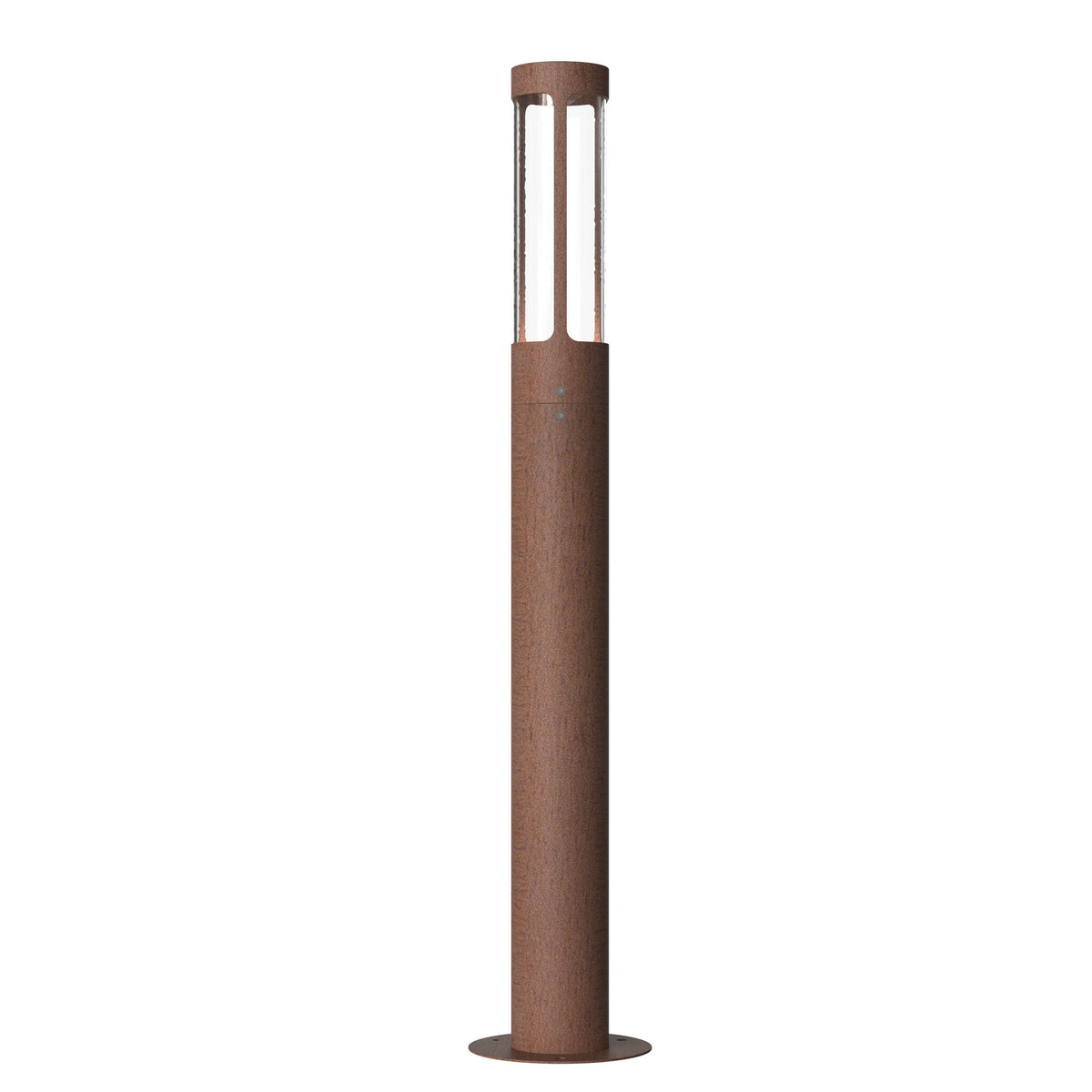 Borne extérieure cylindrique en acier corten, tête vitrée à croisillons, sur fond blanc