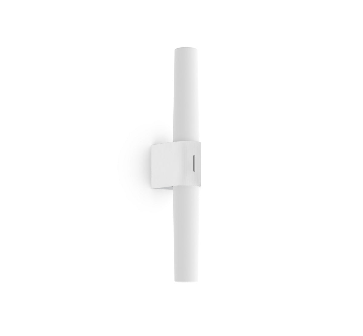 Applique murale blanche verticale vue de face, tube cylindrique sur socle rectangulaire fin