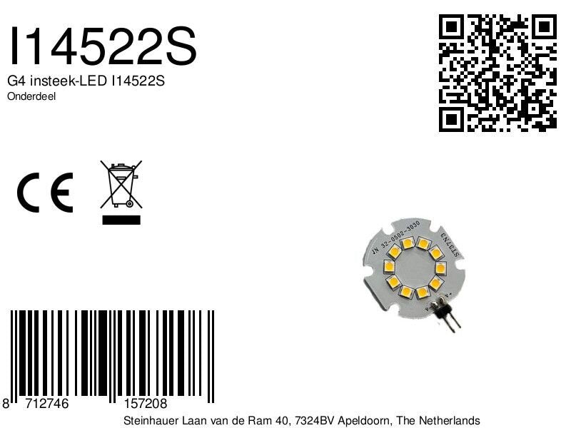 Fiche produit avec code-barres, QR code, marquage CE et référence I14522S