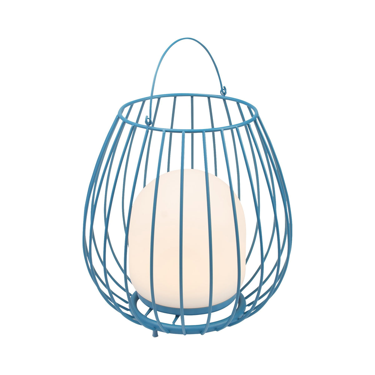 Lampe nomade bleue vue de face, cage métallique et globe blanc opaque