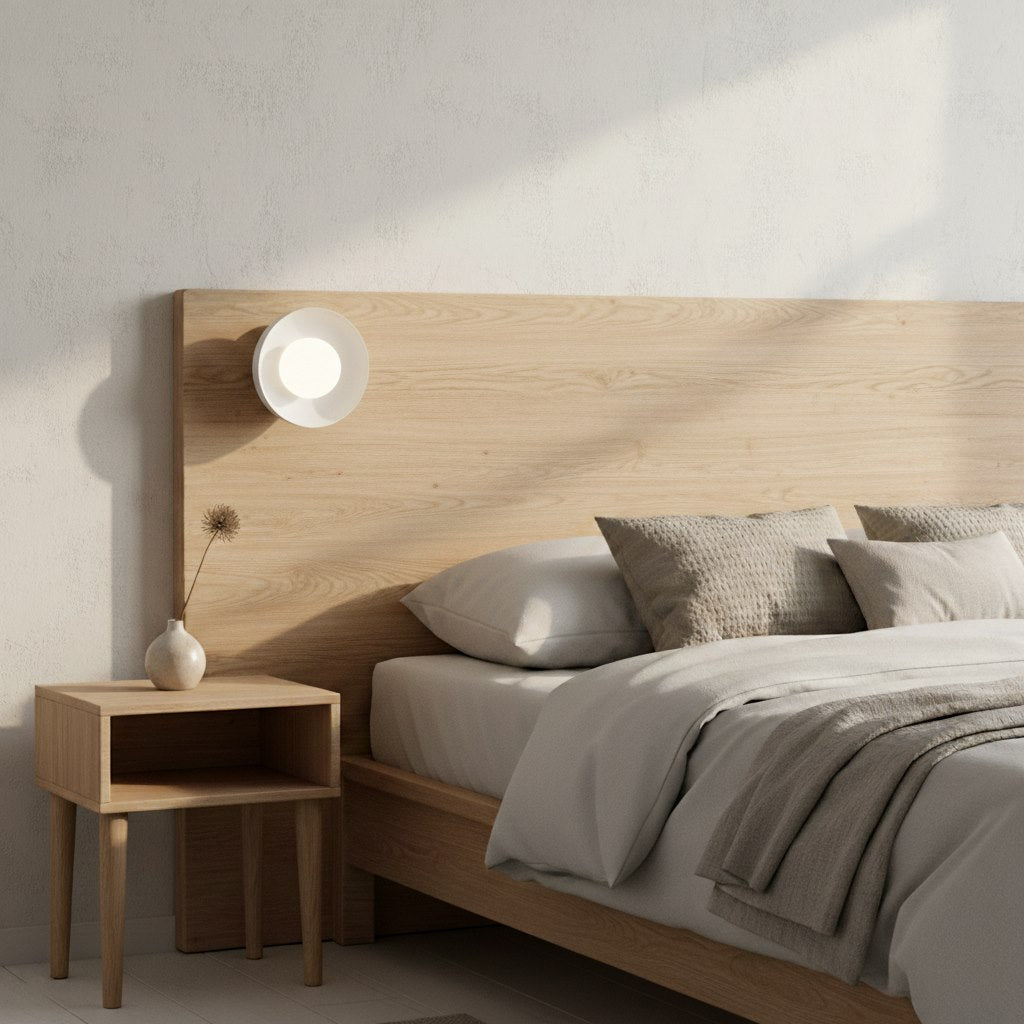 Applique fixée sur une tête de lit en bois clair avec coussins et lumière douce
