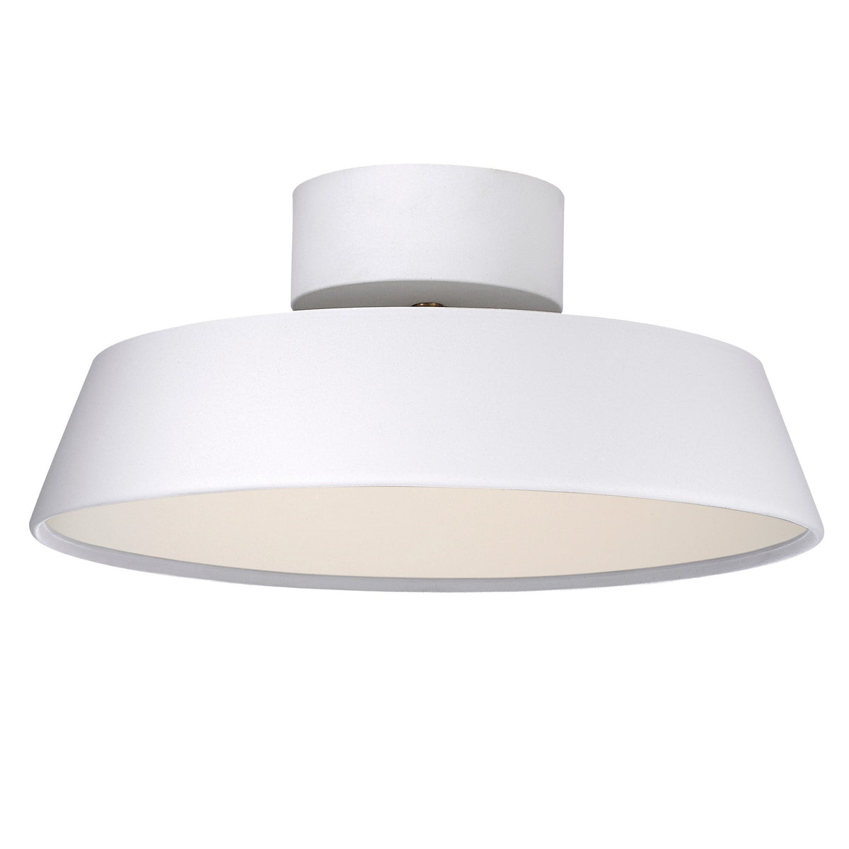 Plafonnier blanc vu de face, abat-jour conique et cabochon cylindrique fixé au plafond
