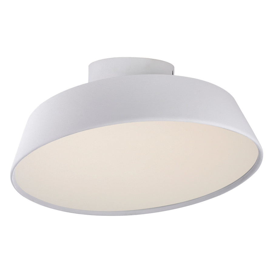 Vue de dessous du plafonnier blanc dévoilant le large diffuseur circulaire couleur crème