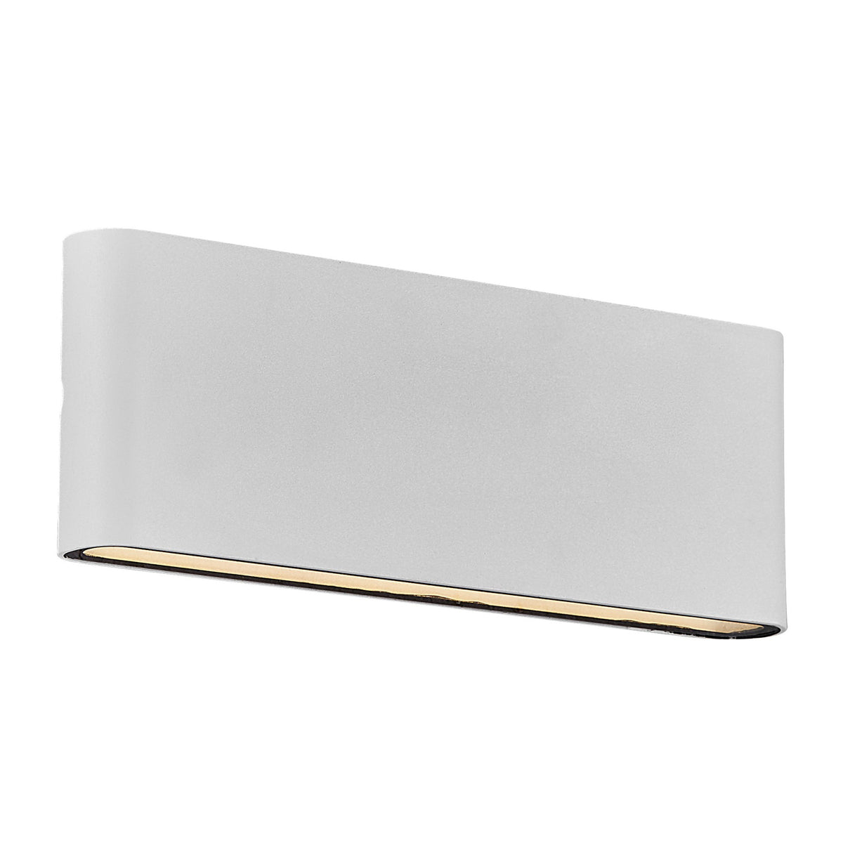 Applique murale blanche rectangulaire vue de trois quarts, lumière chaude diffusée vers le bas.