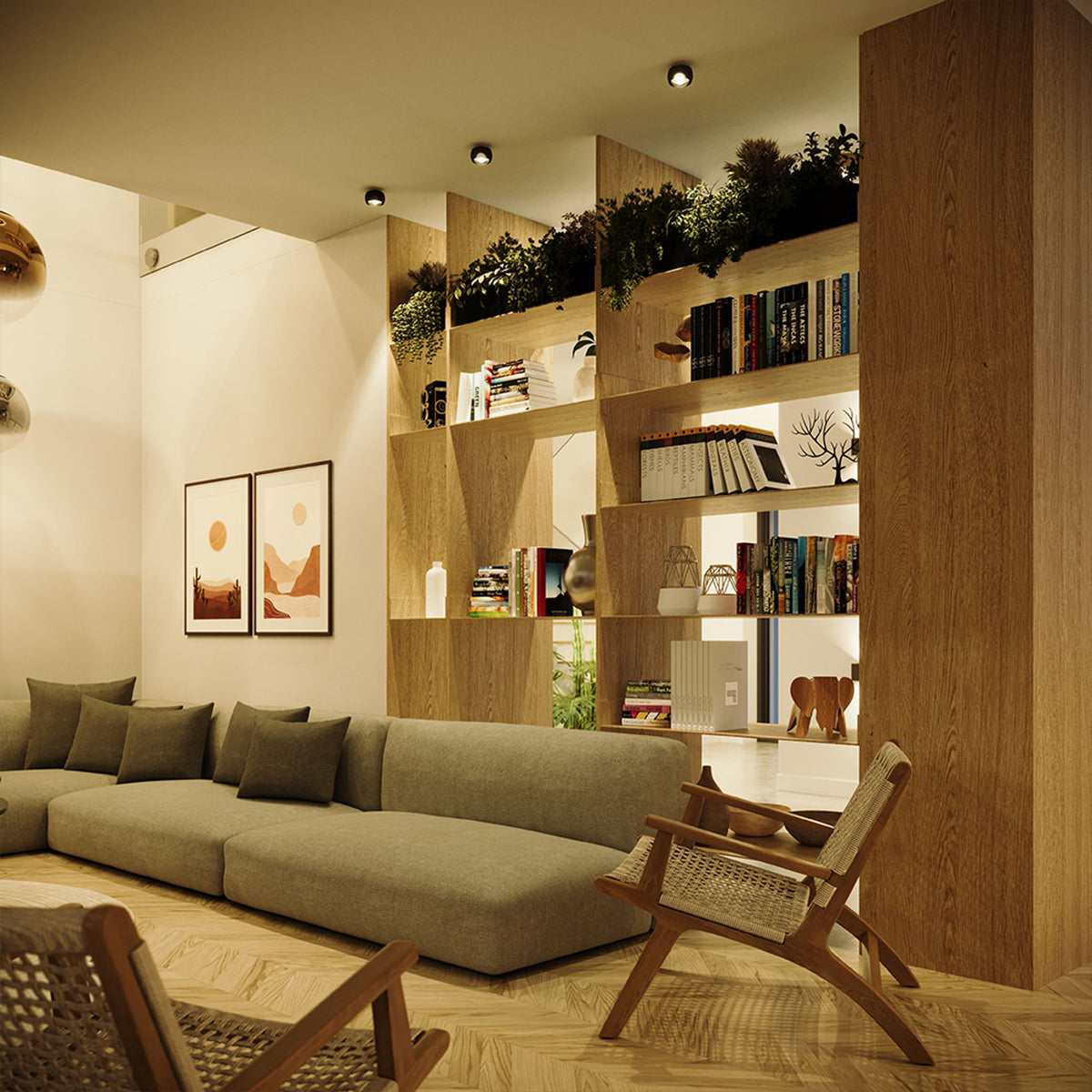 Mise en ambiance dans un salon bois avec bibliothèque et canapé d'angle