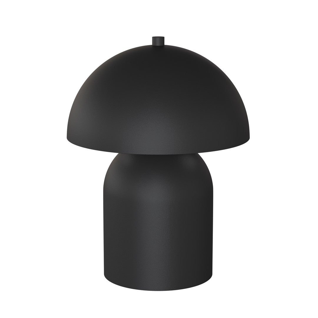 Lampe de chevet noire vue de face, abat-jour bombé sur socle cylindrique