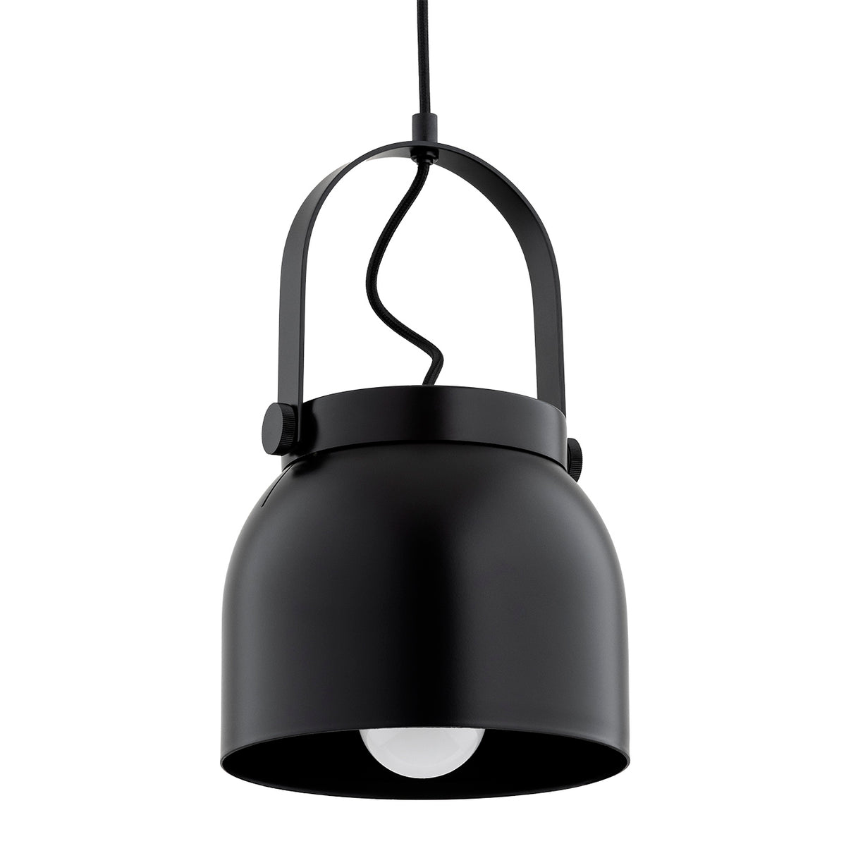 Détail de la suspension noire : poignée, bouton moleté et ampoule