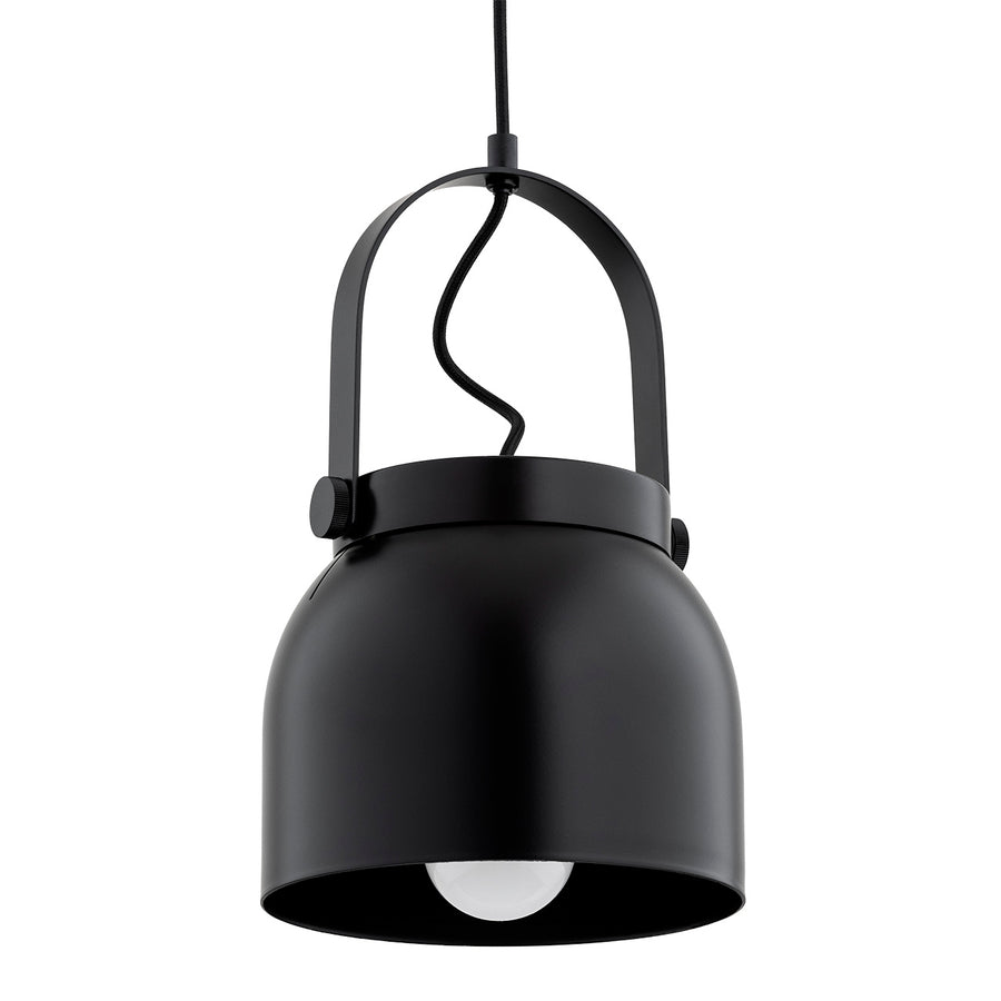 Détail de la suspension noire : poignée, bouton moleté et ampoule