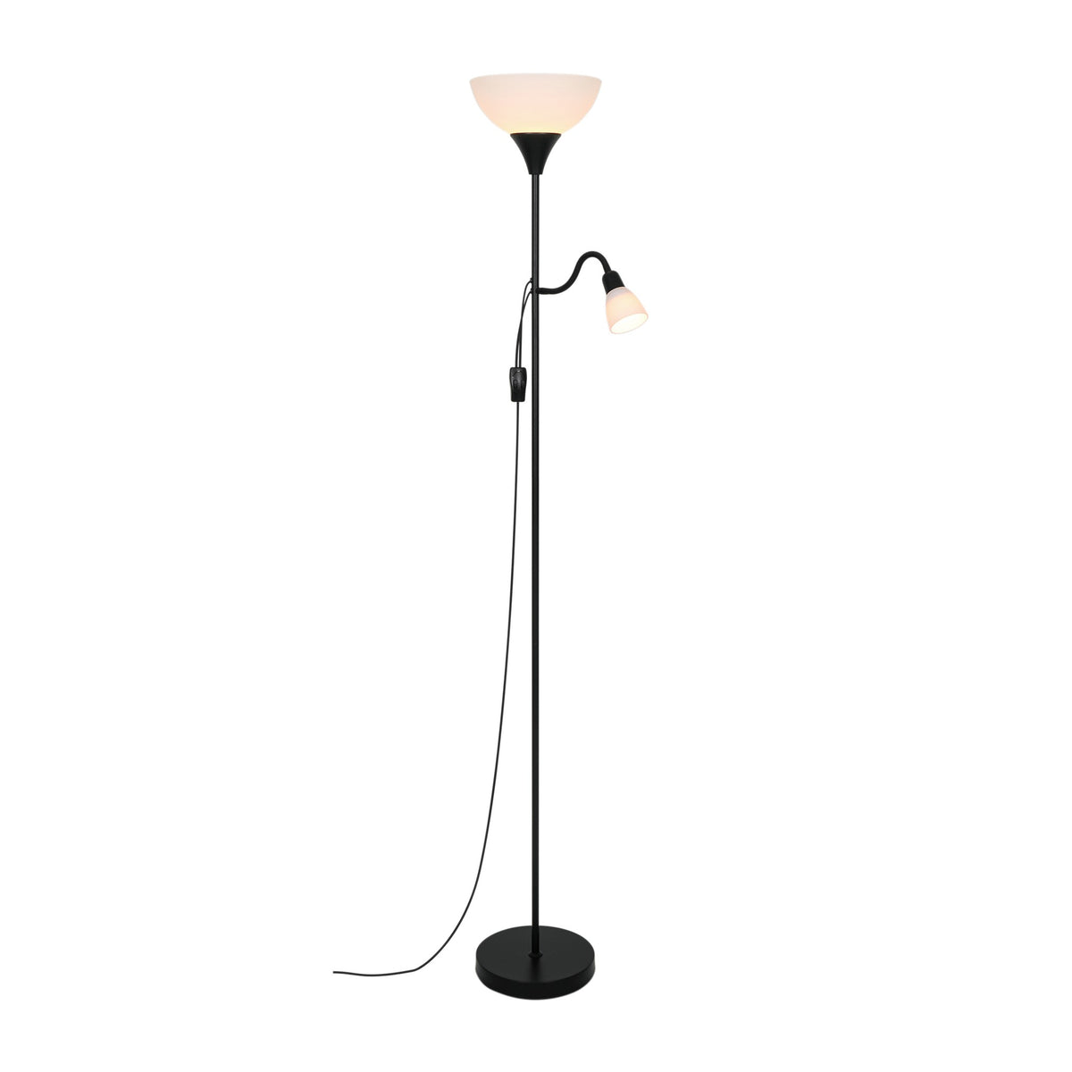 Vue entière du lampadaire noir avec liseuse et variateur sur câble