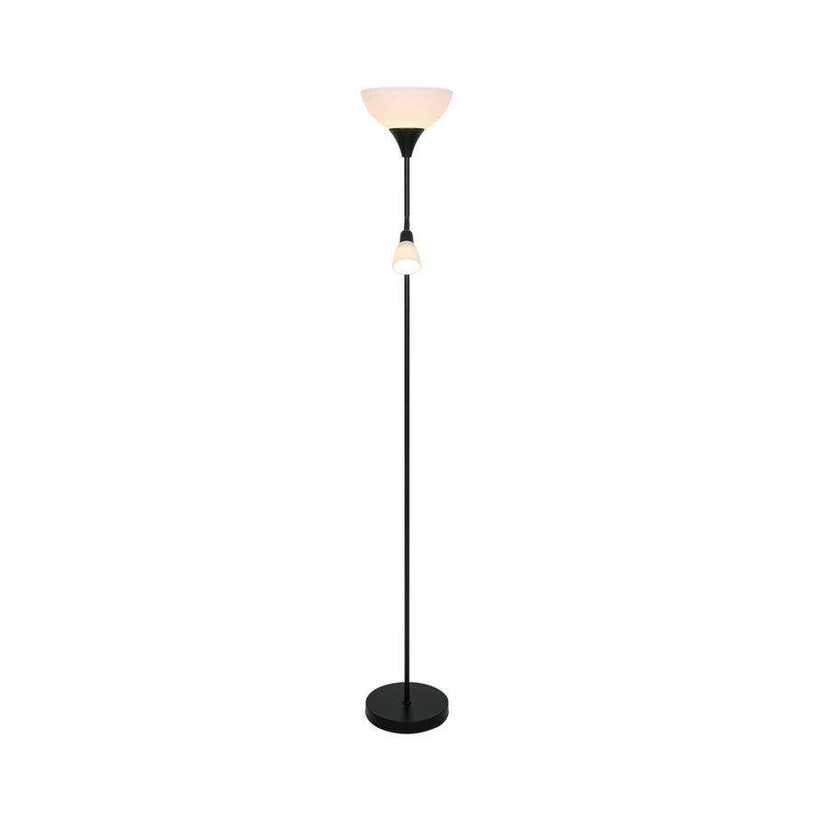 Lampadaire noir dressé, diffuseur en verre opalin et petite liseuse centrale