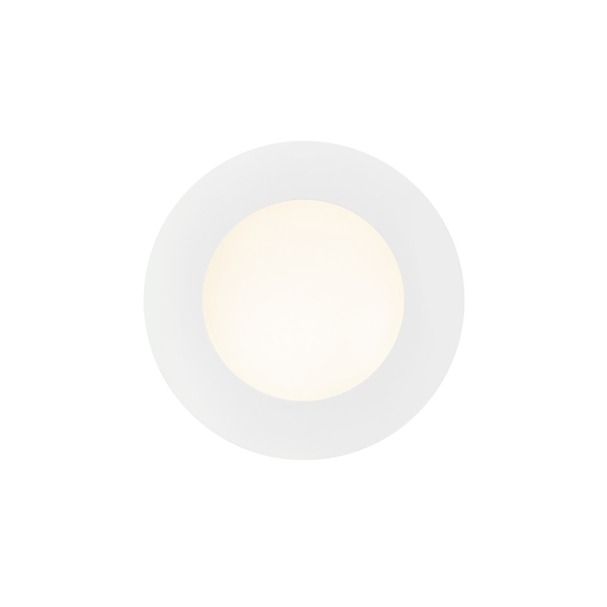 Vue de face d'un spot rond blanc, diffuseur opaque légèrement ivoire au centre
